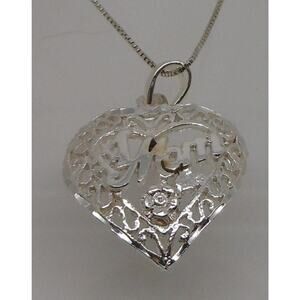 Vintage Sterling Silver Mom Heart Pendant Charm Necklace Chain Mother's Day Gift